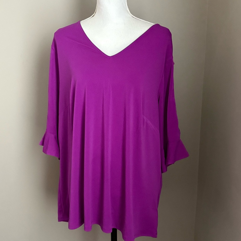 Adrianna Papell Tunic Top V Neck Cage Lace Up Bell Sleeves Blouse 2X Purple NEW
